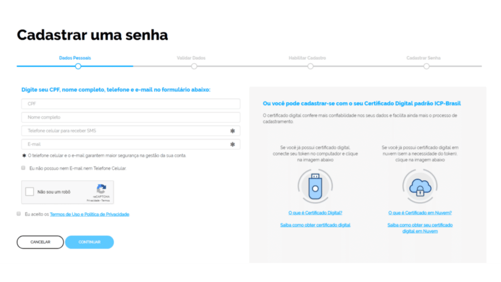 Tela de cadastro do Meu INSS