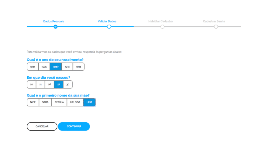 Valide seus dados pessoais pedidos anteriormente para continuar o cadastro no Meu INSS;