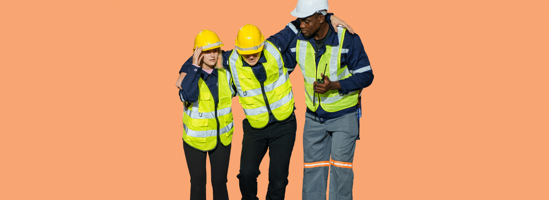 Foto de Capa: Trabalhador da construção civil acidentado está mancando enquanto se apoia nos ombros de outros colegas