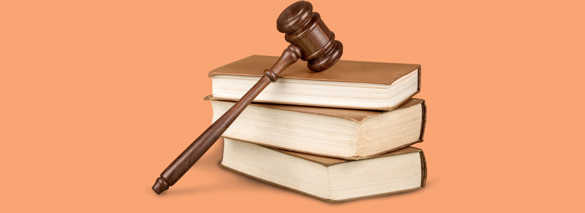 Foto de Capa: Três livros estão empilhadas enquanto um malhete está apoiado neles