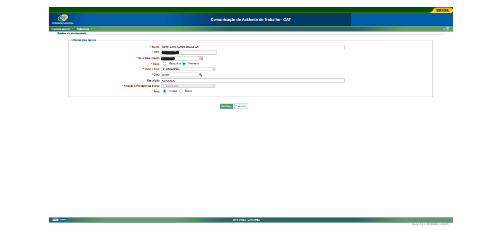 segunda tela do sistema de comunicação de acidente do trabalho