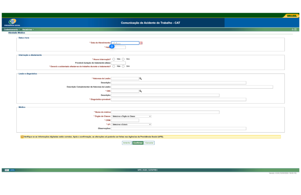 tela 4 do sistema cat web para emissão de comunicação de acidente do trabalho pelo empregado