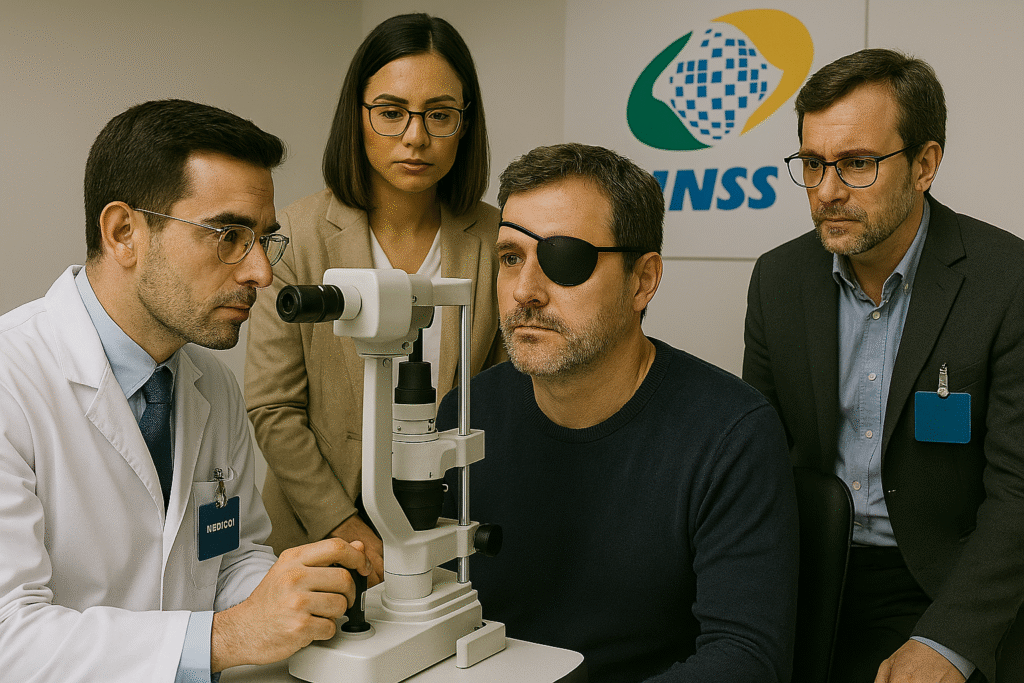 Paciente com visão monocular realizando exame oftalmológico no INSS, enquanto médico, assistente social e psicólogo observam atentamente. Todos estão em ambiente clínico, com crachás e postura profissional.