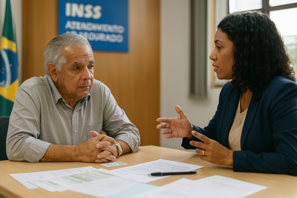 Idoso sendo atendido para solicitação do BPC em posto de atendimento social