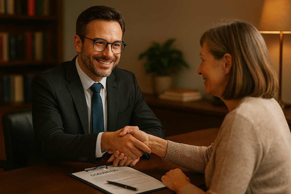 Advogado especialista orientando cliente sobre direitos do BPC em ambiente profissional
