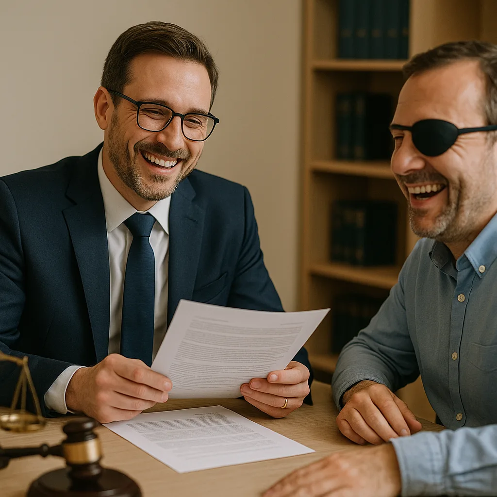 Advogado sorridente analisando documentos junto a um cliente com visão monocular, que usa tapa-olho. Ambos estão rindo durante o atendimento no escritório, com mesa, livros jurídicos ao fundo e símbolos da advocacia como balança e martelo.