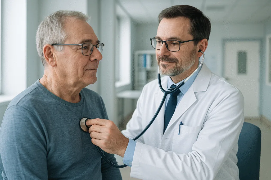 O médico está usando estetoscópio para examinar o coração do paciente. Ambiente hospitalar moderno e limpo.