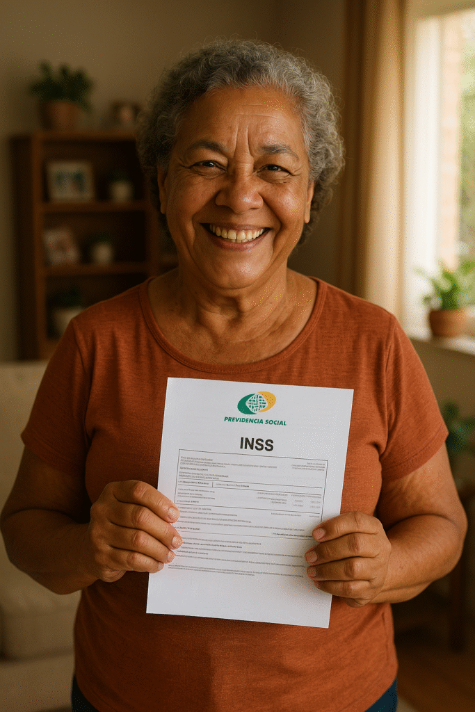 Aposentada brasileiro feliz com documentos de aposentadoria aprovada no INSS