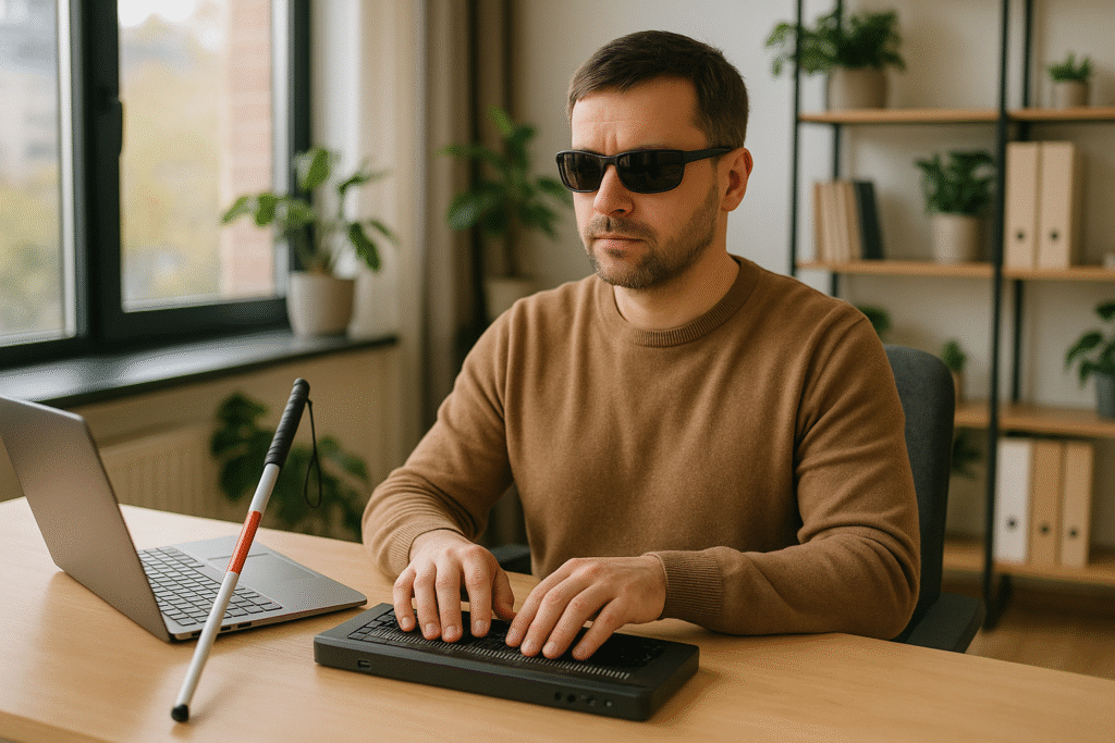 Pessoa com deficiência trabalhando com tecnologia assistiva, demonstrando inclusão profissional
