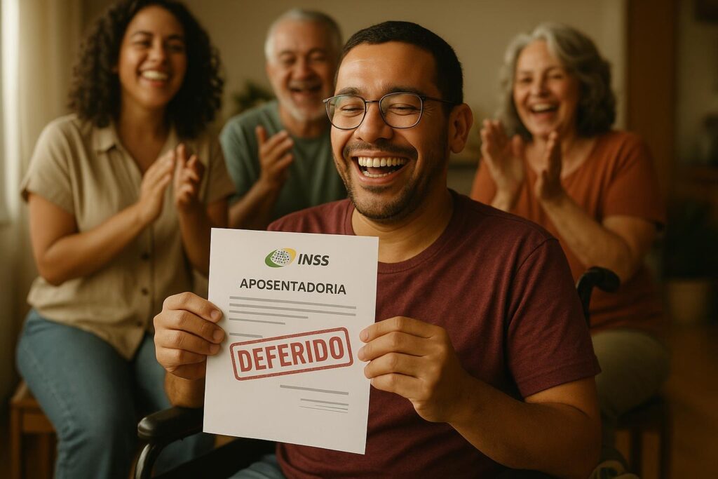 Pessoa com deficiência sorrindo segurando documento de aposentadoria aprovada, representando conquista de direitos