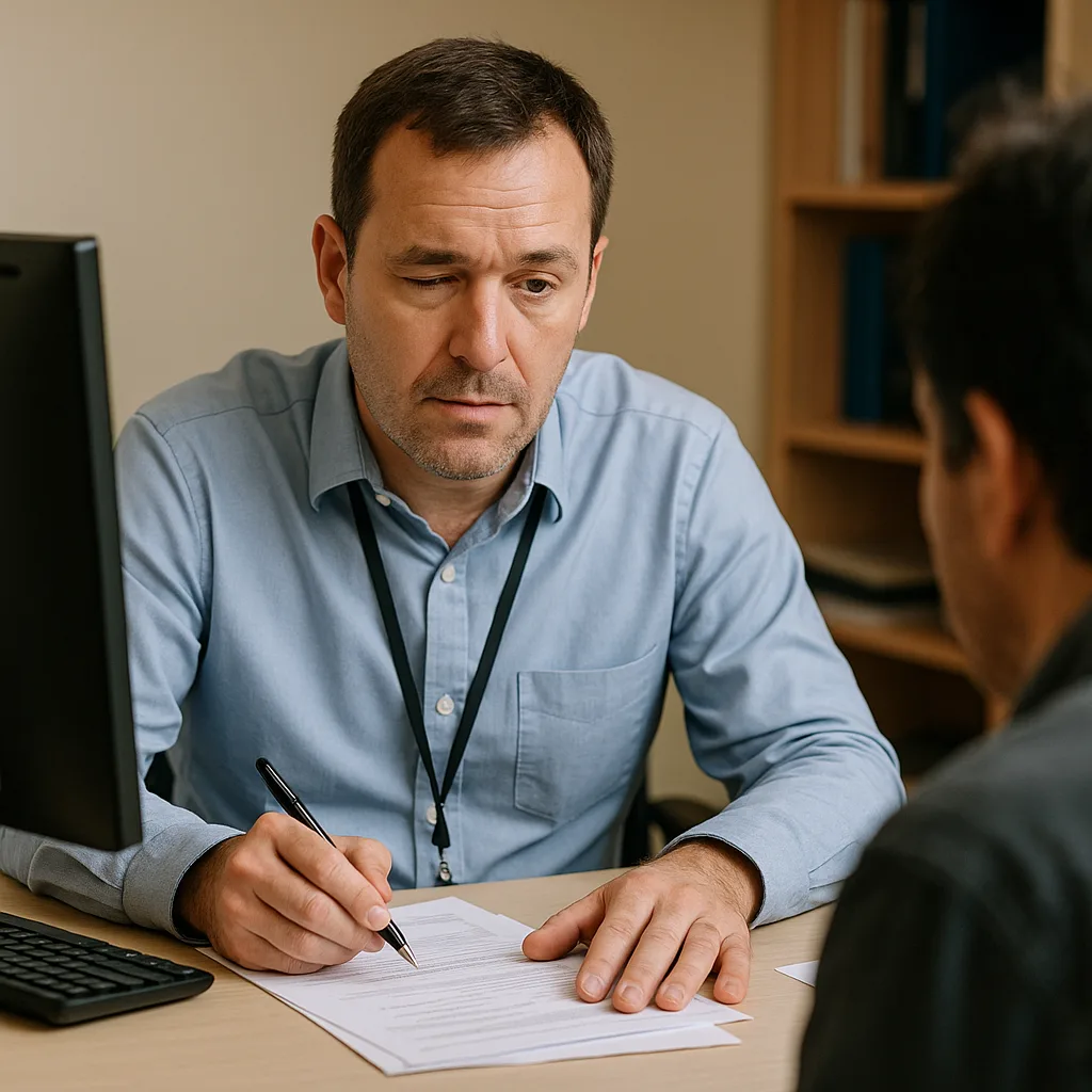 Homem com visão monocular atendendo uma pessoa em um escritório, sentado à mesa com computador e papéis, usando crachá e demonstrando atenção durante o atendimento ao público.