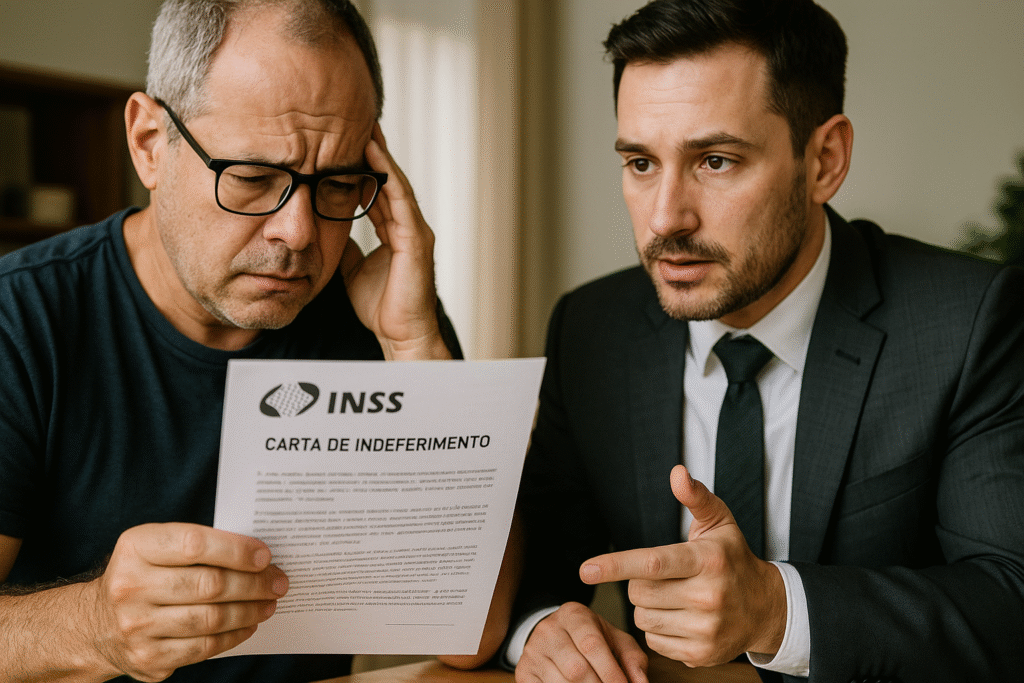 Pessoa analisando carta de indeferimento do INSS com advogado ao lado orientando sobre próximos passos