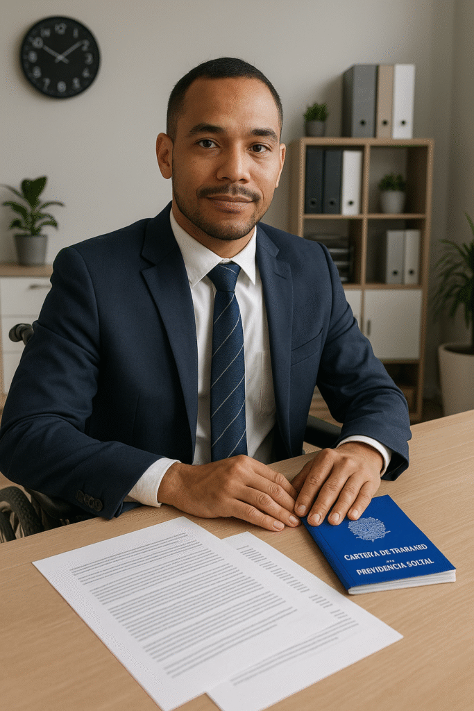 Pessoa com deficiência em ambiente de trabalho profissional, demonstrando competência e dignidade, com documentos previdenciários sobre a mesa