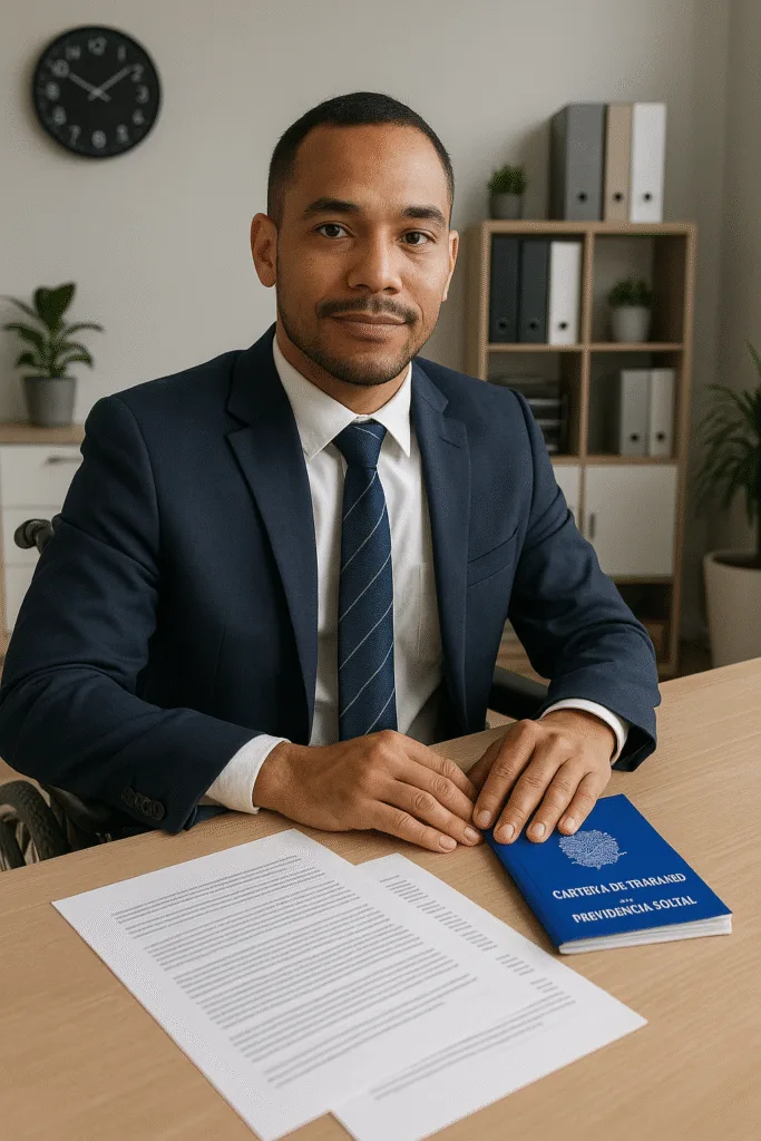 Pessoa com deficiência em ambiente de trabalho profissional, demonstrando competência e dignidade, com documentos previdenciários sobre a mesa