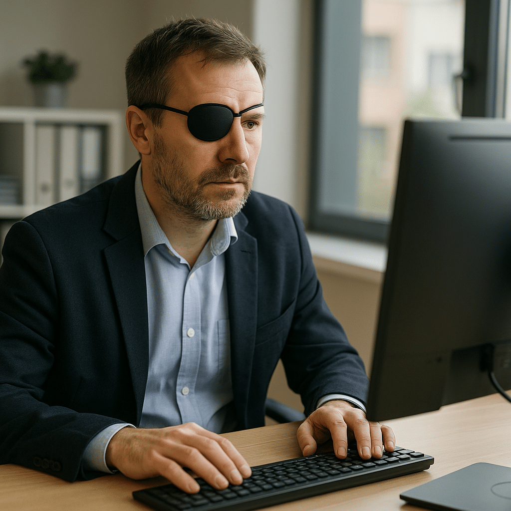 Homem com visão monocular usando um tapa-olho, trabalhando concentrado em um computador dentro de um escritório moderno, demonstrando adaptação e produtividade no ambiente profissional.