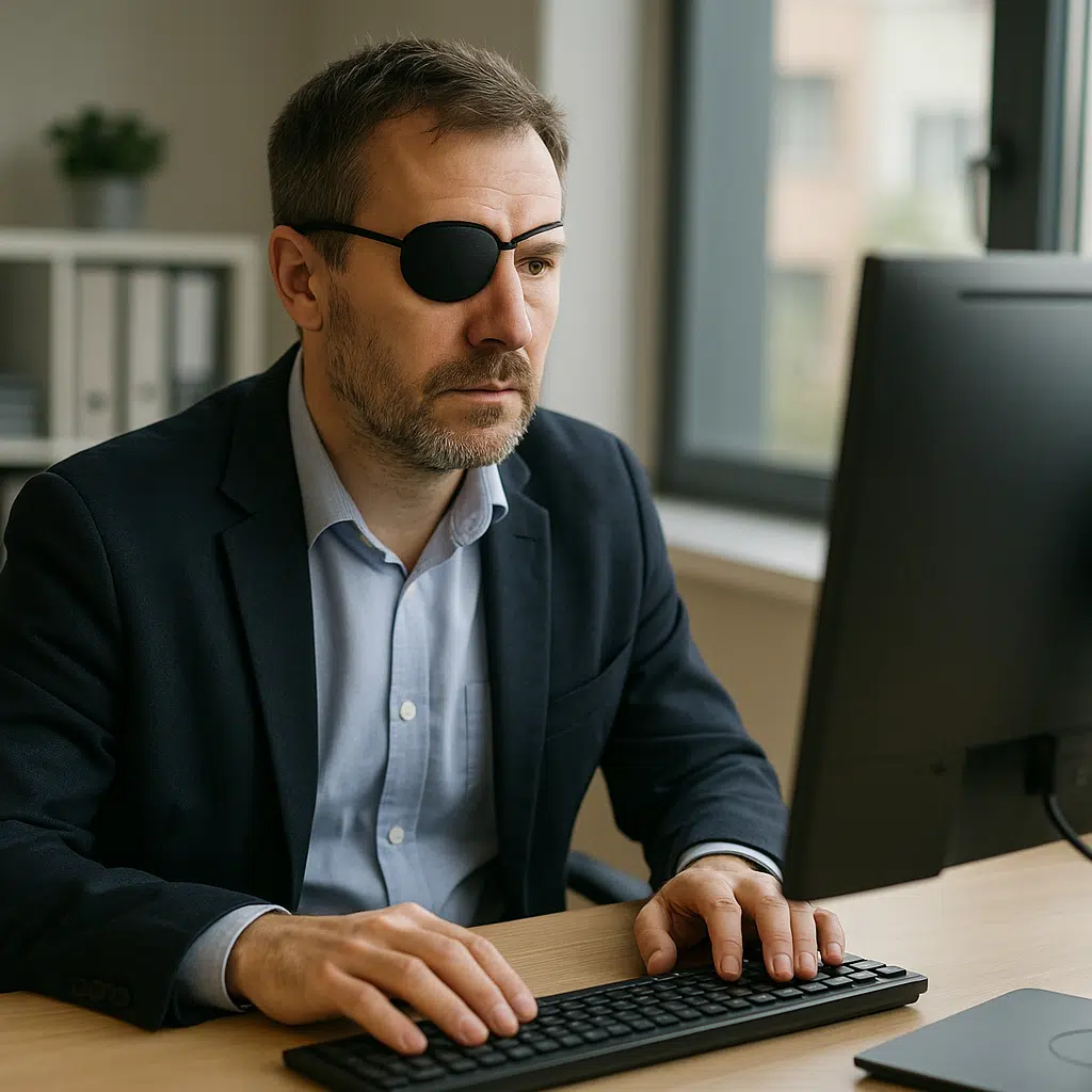 Homem com visão monocular usando um tapa-olho, trabalhando concentrado em um computador dentro de um escritório moderno, demonstrando adaptação e produtividade no ambiente profissional.