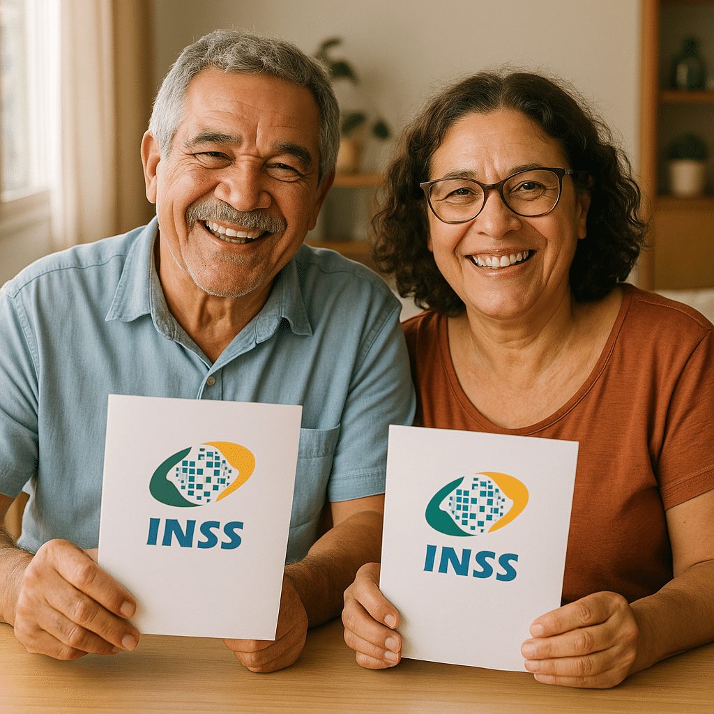 Casal de idosos felizes com documentos de aposentadoria por idade urbana do INSS