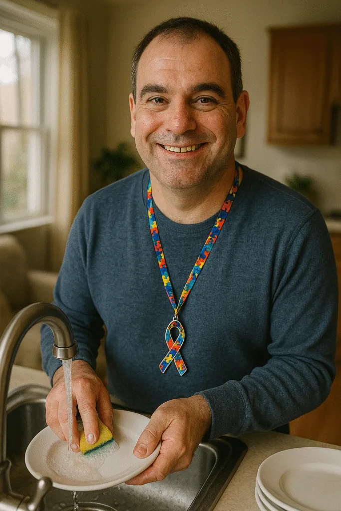 Homem adulto com autismo, de expressão serena e vestindo um cordão colorido com símbolo do autismo, sorri diretamente para a câmera enquanto lava louça em uma cozinha iluminada.