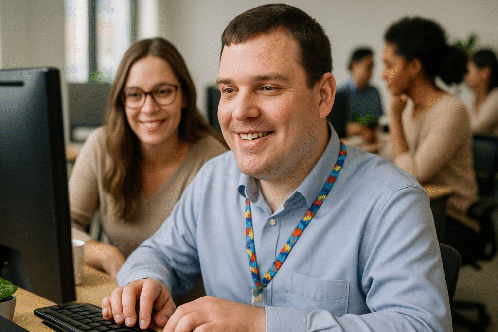 Profissional com autismo em ambiente de trabalho adaptado