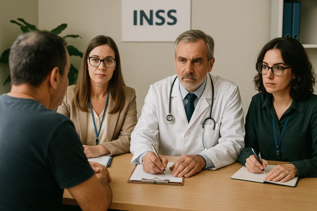 Profissionais do INSS realizando avaliação biopsicossocial