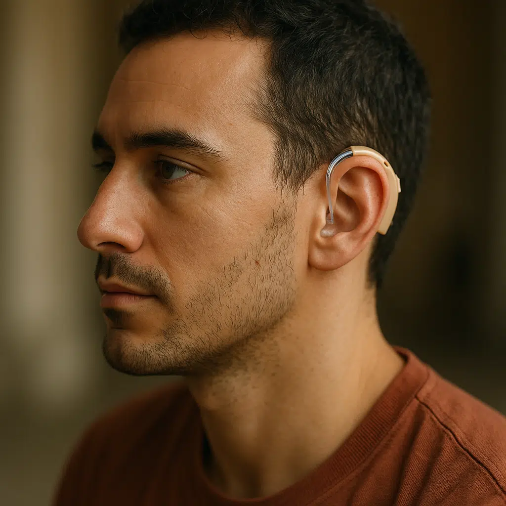 Homem adulto usando aparelho auditivo