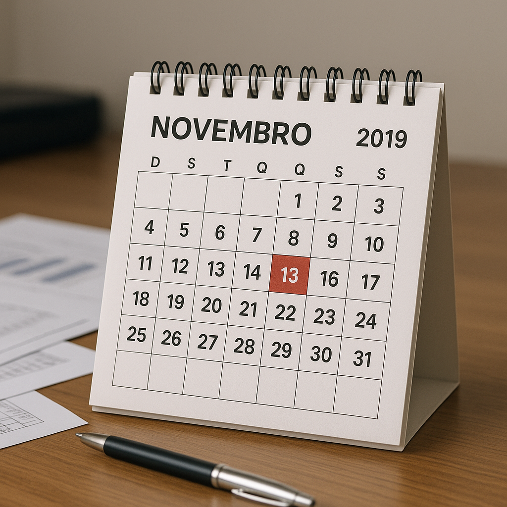 Calendário marcando 13 de novembro de 2019, data da Reforma da Previdência