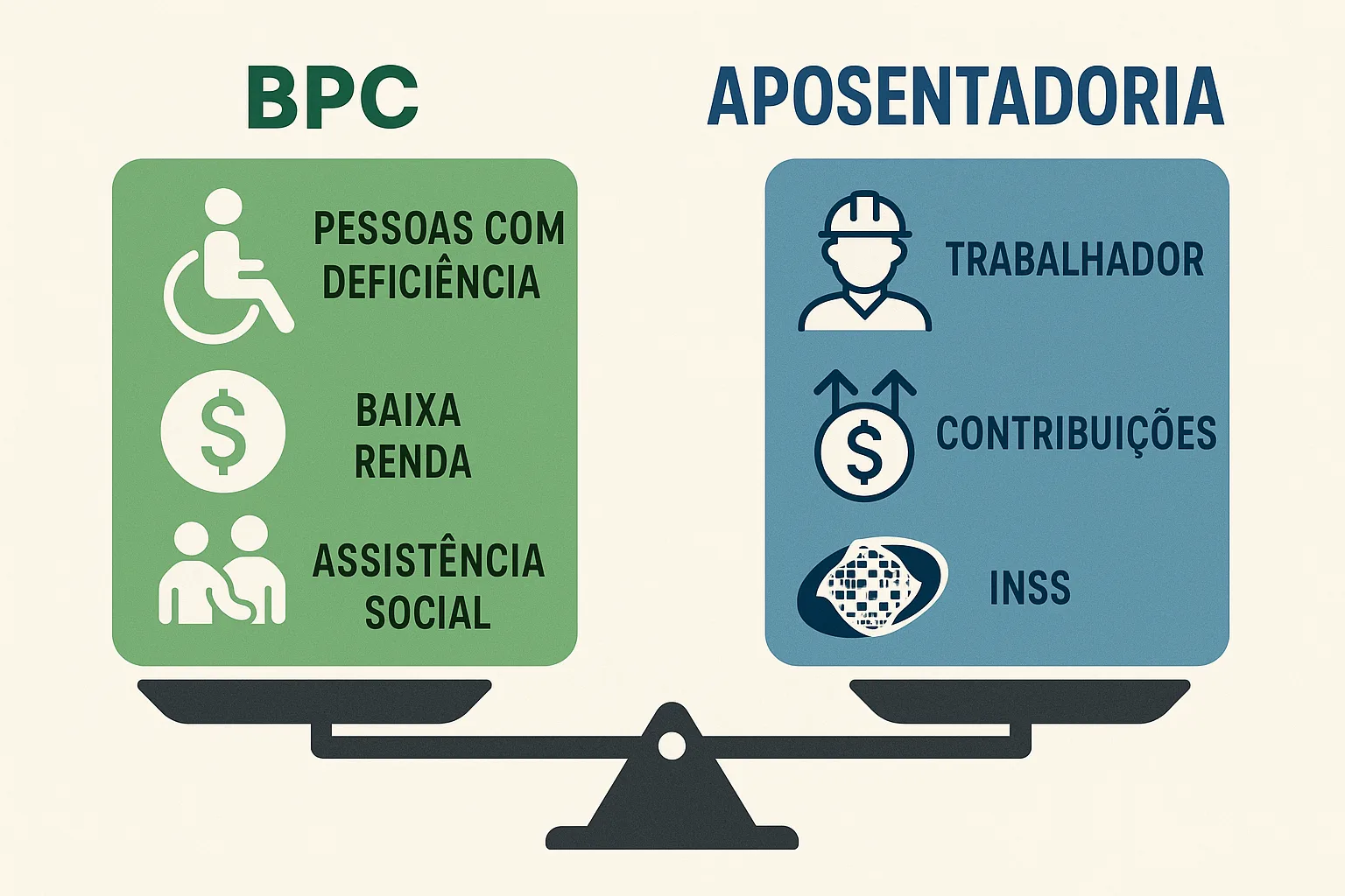 Infográfico comparativo em formato de balança ou duas colunas: de um lado símbolos do BPC (pessoas com deficiência, baixa renda, assistência social), do outro lado símbolos da aposentadoria (trabalhador, contribuições, INSS)