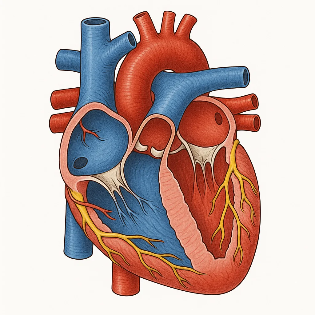  Ilustração médica educativa do coração humano em corte transversal, mostrando as principais estruturas (átrios, ventrículos, válvulas, artérias coronárias).