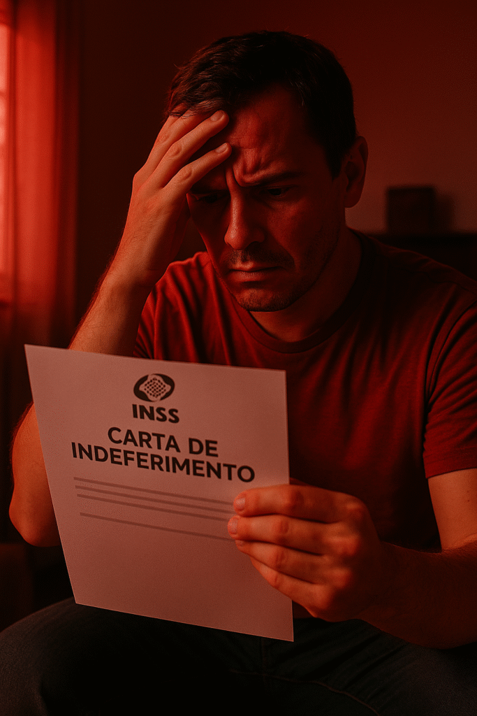 Pessoa recebendo carta de indeferimento do BPC demonstrando frustração e preocupação