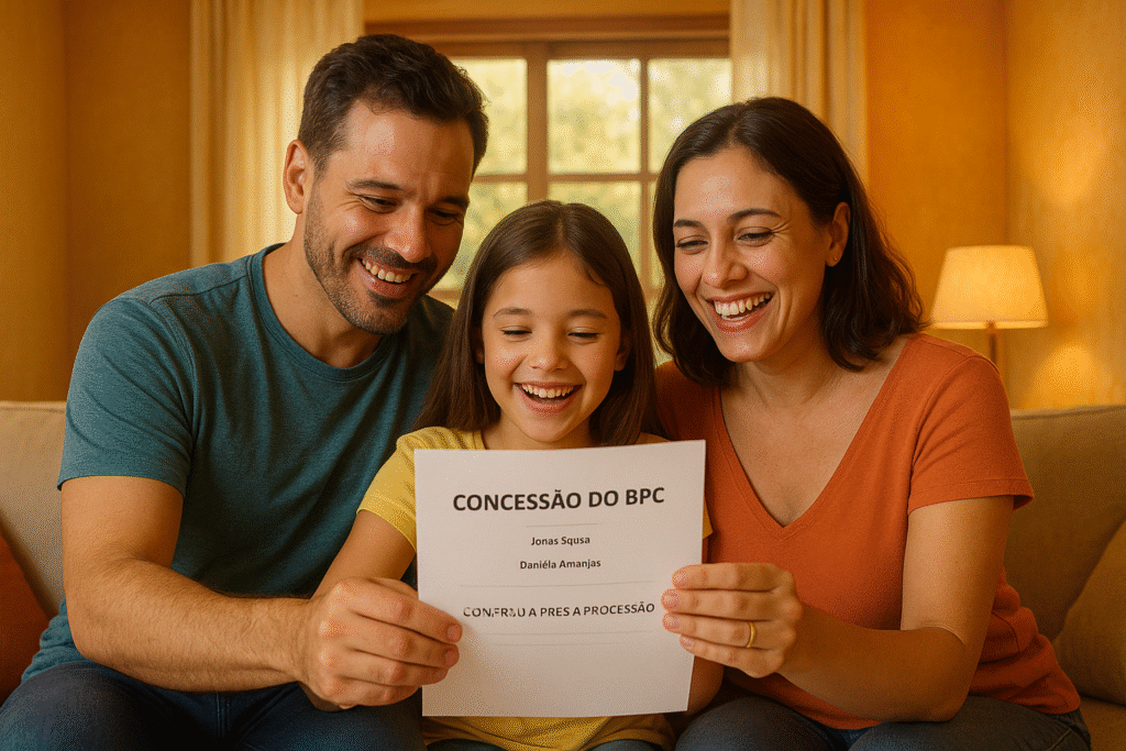 Família celebrando aprovação do BPC após orientação jurídica adequada
