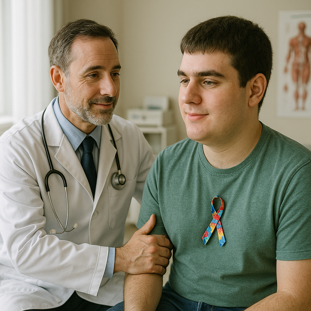 Pessoa com autismo sendo atendida em consulta médica especializada