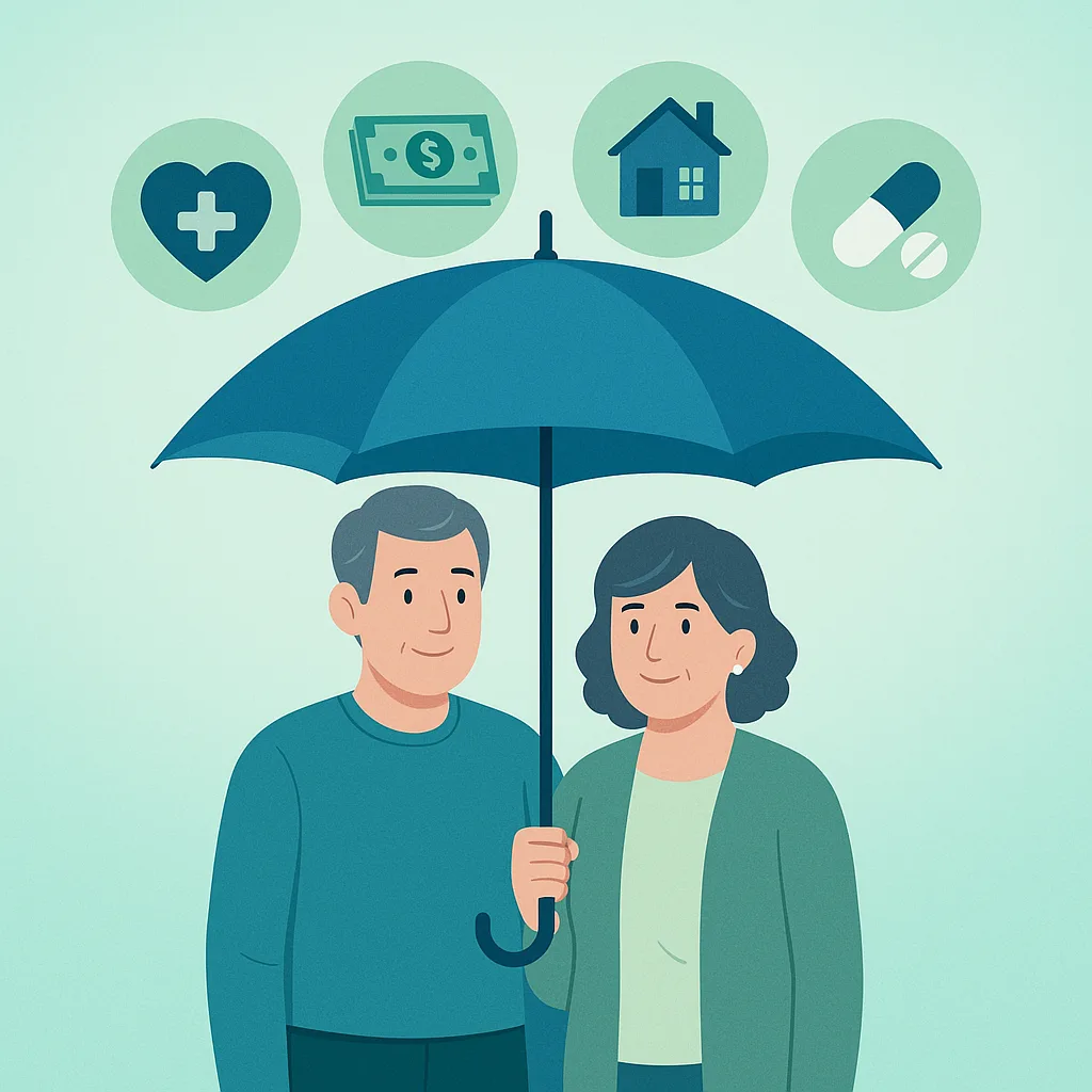  Ilustração conceitual de proteção social: família (casal de meia-idade) protegida por um guarda-chuva simbólico com símbolos de benefícios (coração médico, dinheiro, casa, medicamentos). Cores que transmitem segurança (azul, verde suave)