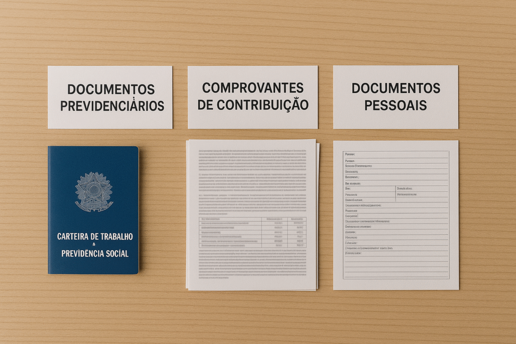 Mesa organizada com diversos documentos previdenciários separados por categorias, incluindo carteira de trabalho, comprovantes de contribuição, documentos pessoais, em ambiente bem iluminado