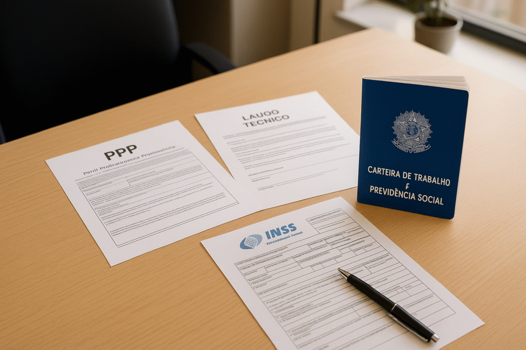 Mesa de escritório com documentos organizados, PPP, laudos técnicos e carteira de trabalho, representando a documentação necessária