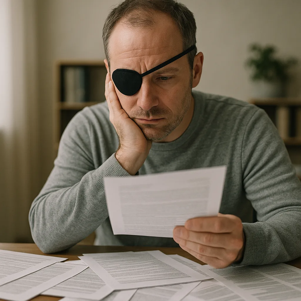 Homem com visão monocular, usando tapa-olho, sentado à mesa com vários documentos espalhados, demonstrando preocupação enquanto lê um dos papéis