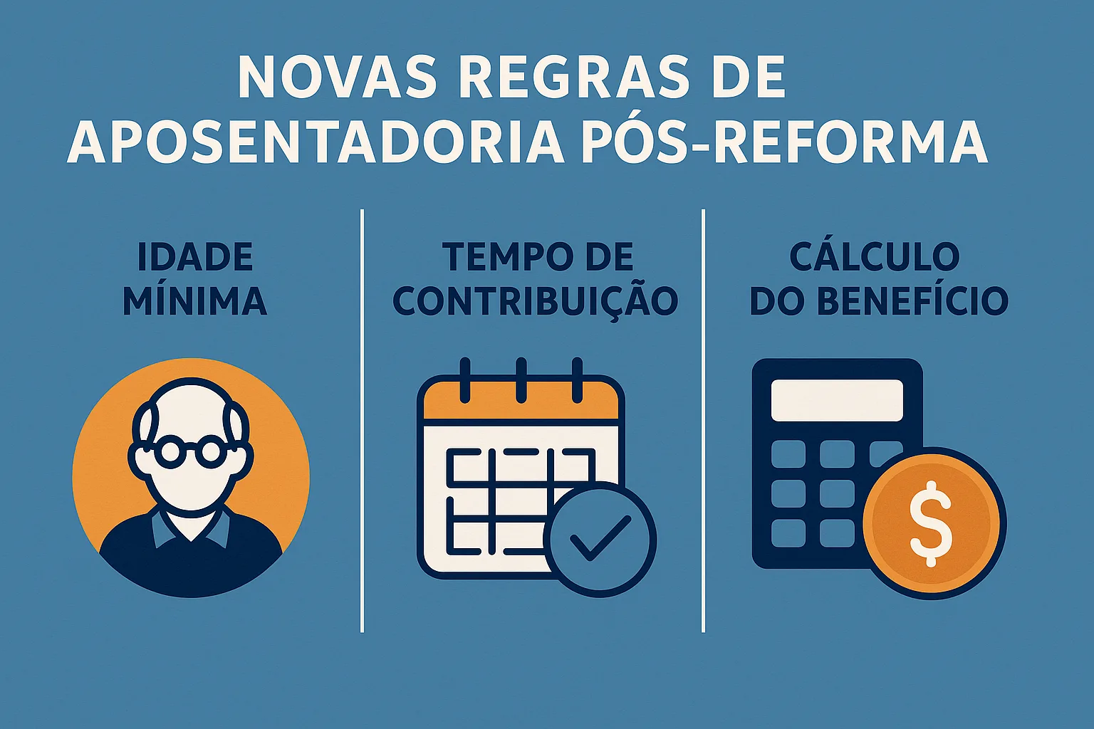 Infográfico moderno mostrando as novas regras de aposentadoria pós-reforma, com ícones representando idade mínima, tempo de contribuição e cálculo do benefício