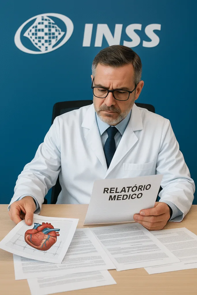  médico perito em jaleco branco examinando documentos médicos e laudos em uma mesa de escritório. Ambiente oficial com logo do INSS ao fundo. Documentos espalhados na mesa incluindo exames de coração, ECG, laudos médicos.