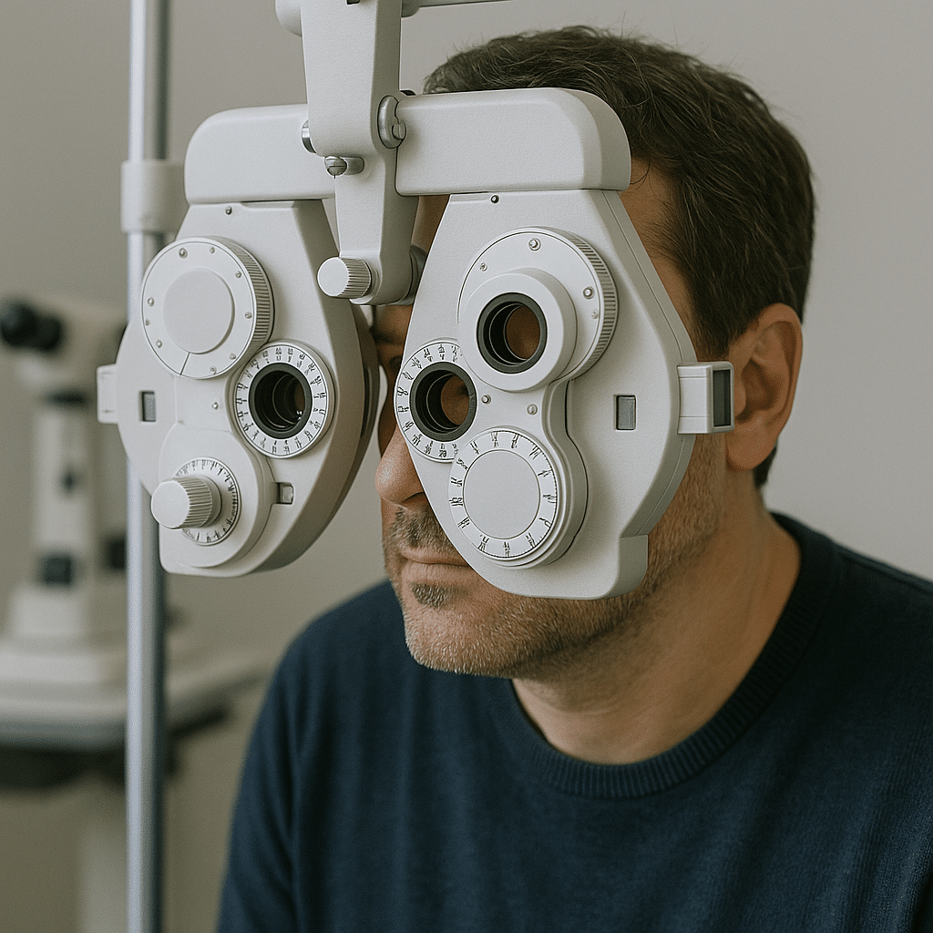 Homem realizando exame oftalmológico com equipamento moderno tipo foróptico, utilizado para avaliar a acuidade visual, em consultório iluminado.