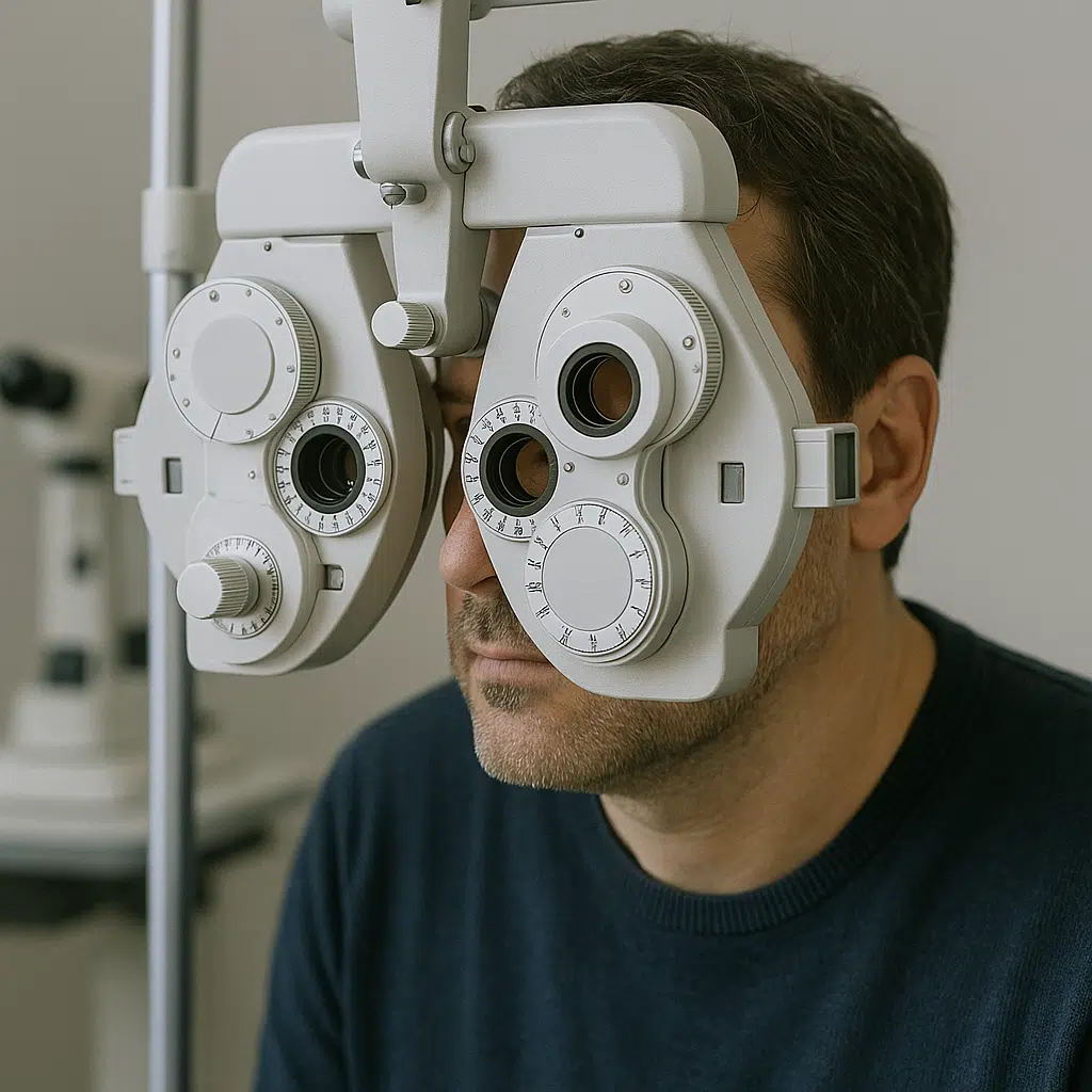 Homem realizando exame oftalmológico com equipamento moderno tipo foróptico, utilizado para avaliar a acuidade visual, em consultório iluminado.