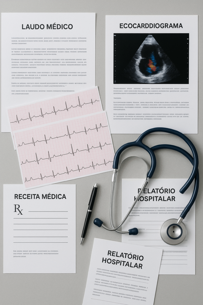 Documentos organizados para perícia médica do INSS