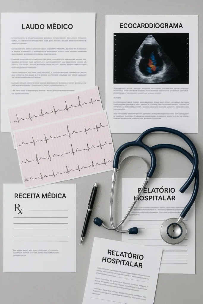Composição organizada de documentos médicos cardiológicos sobre uma mesa: laudos médicos, exames de ECG com gráficos visíveis, ecocardiograma, receitas médicas, relatórios hospitalares. Estetoscópio e caneta médica como elementos complementares.