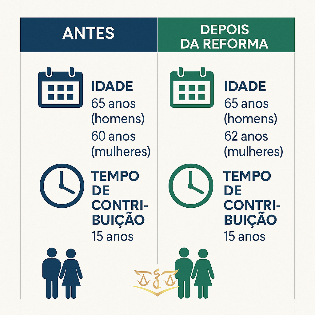 Infográfico comparativo das regras de aposentadoria por idade antes e depois da reforma da previdência
