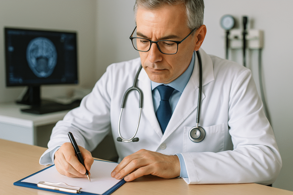 Médico especialista elaborando laudo médico para autismo