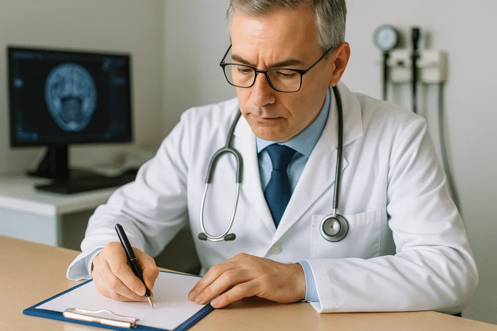 Médico especialista elaborando laudo médico para autismo