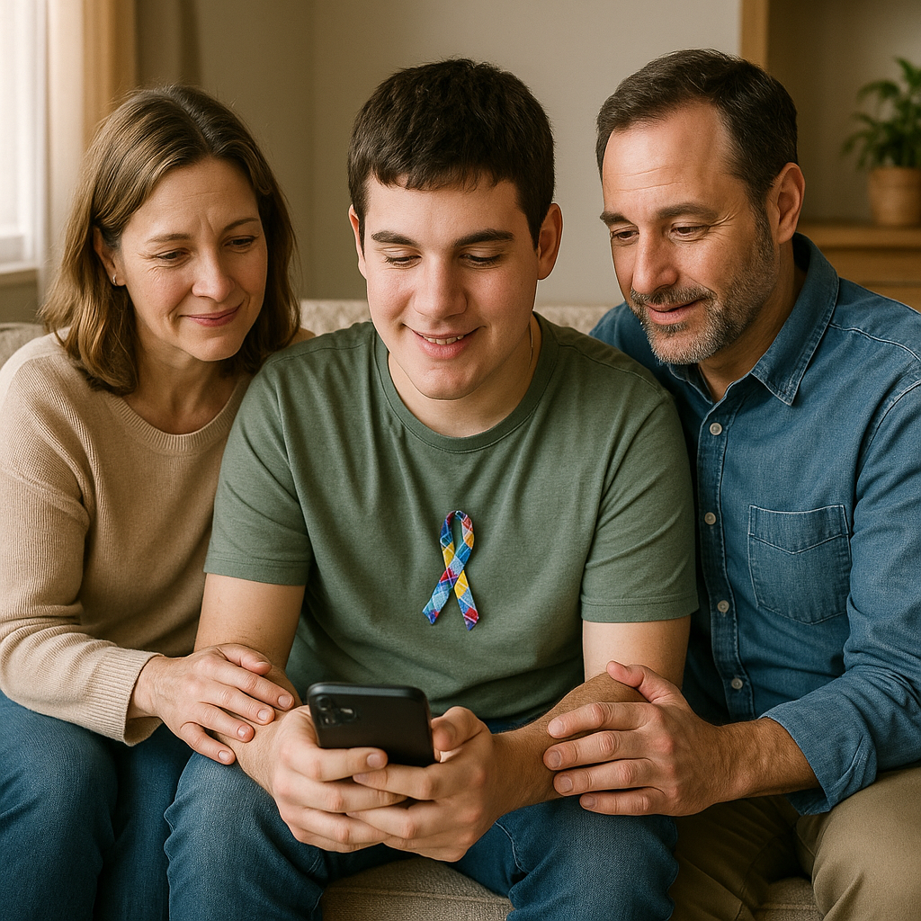 Família em casa, pais e filho adolescente com autismo olhando smartphone, acompanhando processo do INSS, ambiente familiar acolhedor, expressão de esperança e união