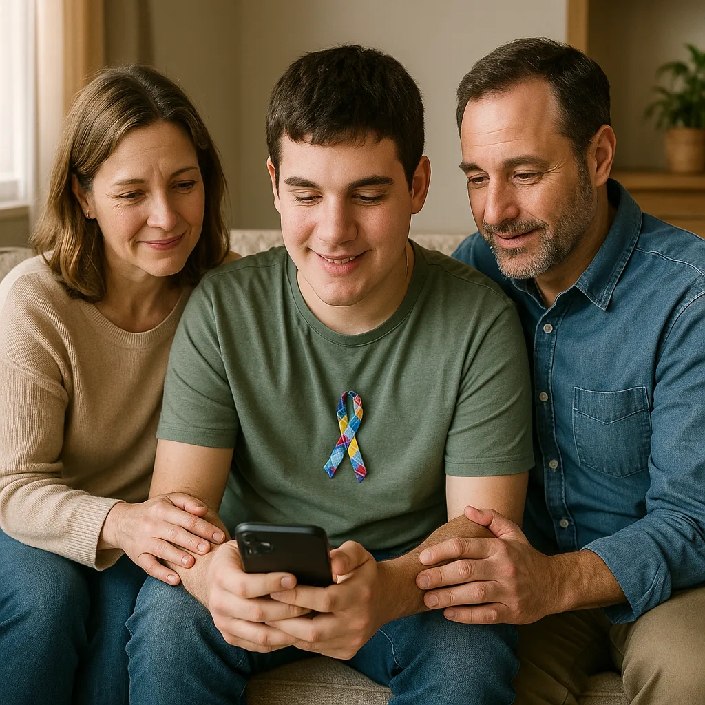  Família em casa, pais e filho adolescente com autismo olhando smartphone, acompanhando processo do INSS, ambiente familiar acolhedor, expressão de esperança e união