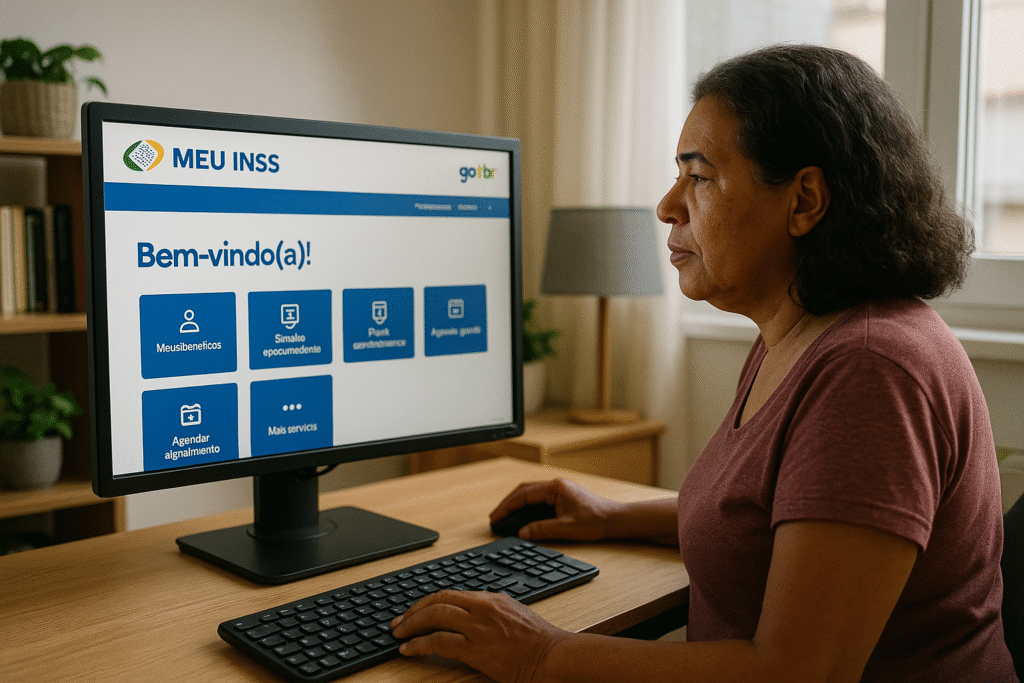 Pessoa usando computador para acessar o site Meu INSS, mostrando a tela de solicitação de aposentadoria