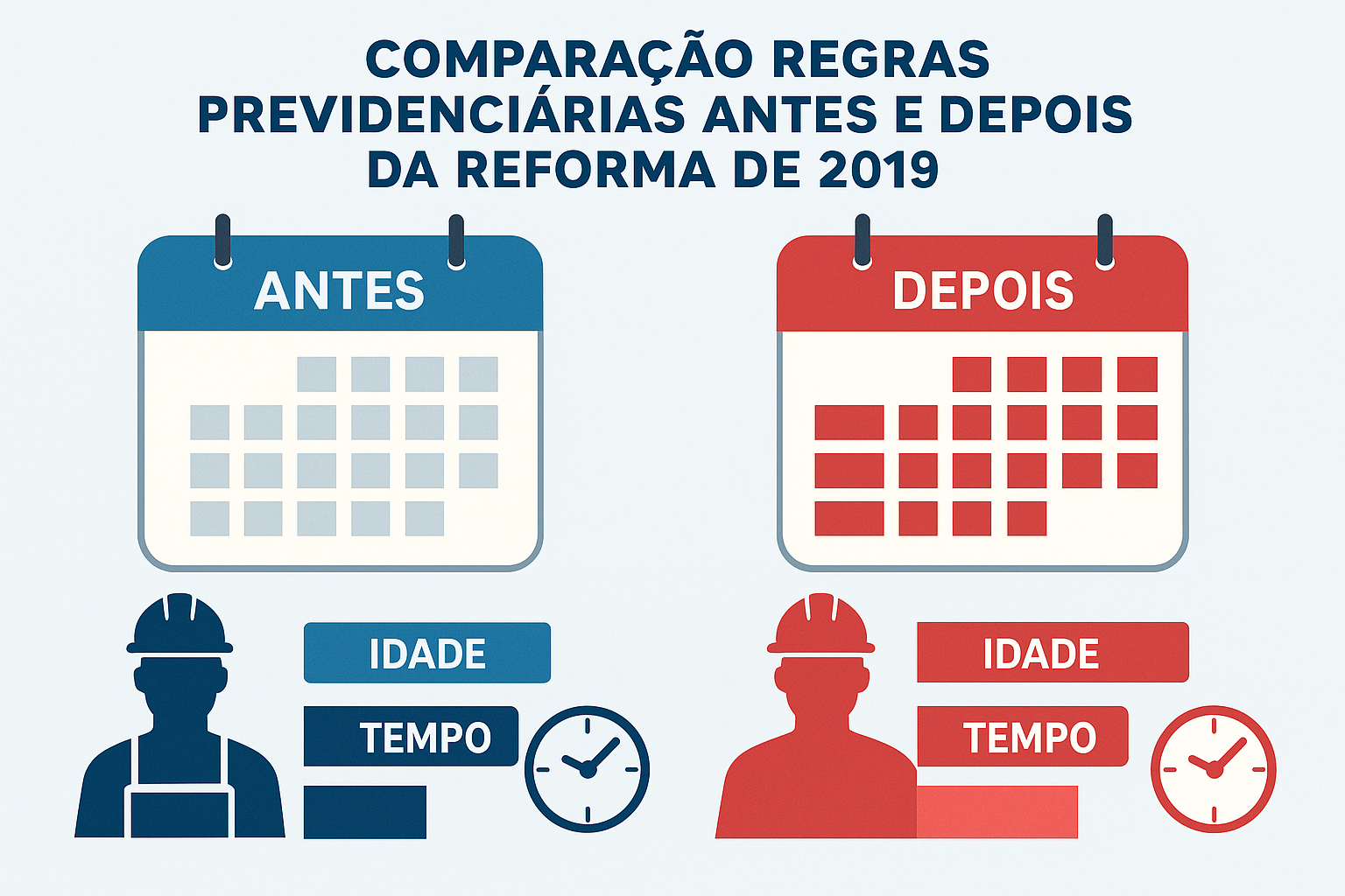 Comparação visual entre calendários de 2019 mostrando antes e depois da reforma, com ícones representando mudanças nas regras previdenciárias