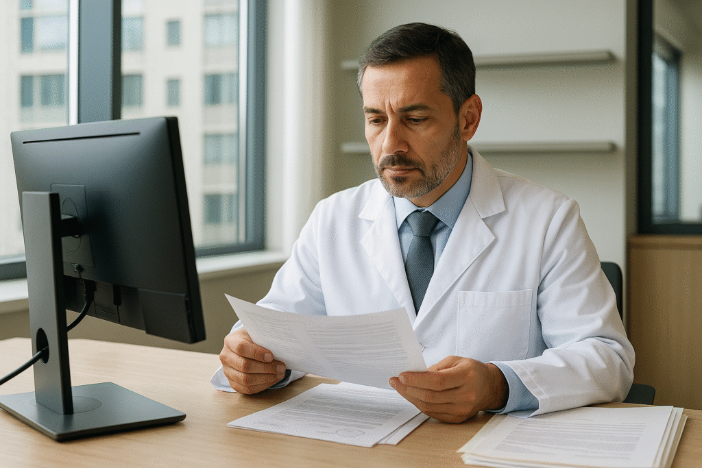Perito do INSS analisando documentos em escritório, com foco em análise técnica e profissionalismo