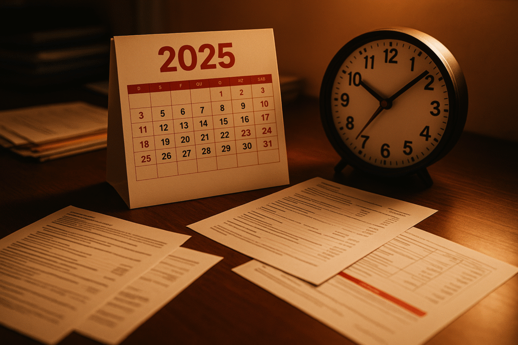 Calendário 2025 destacando prazos urgentes para solicitação de BPC antes das mudanças legais